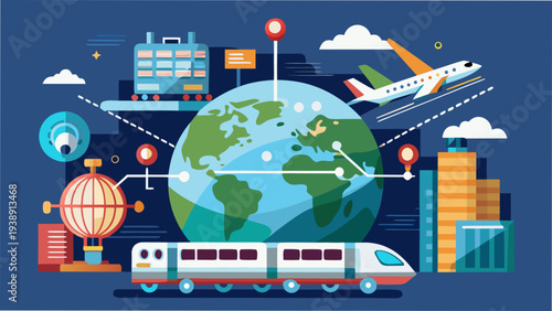 Global Transportation Network Vector Illustration with Airplane Train Ship and Bus