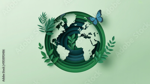 Green earth with leaves and butterfly eco friendly symbol for environmental conservation and sustainability