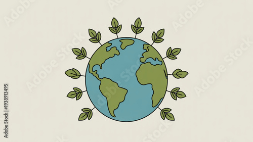Earth surrounded by green leaves symbolizing eco friendly and environmental conservation on a beige background