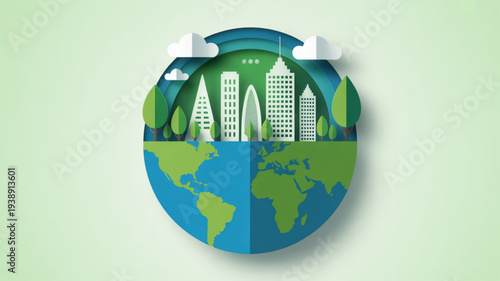 Eco friendly cityscape on a globe with green trees and blue oceans symbolizing sustainable urban development and environmental conservation
