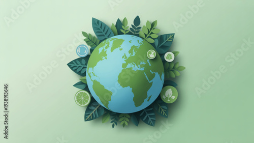 Earth surrounded by green leaves and limes on a light green background symbolizing eco friendly and sustainable living concepts