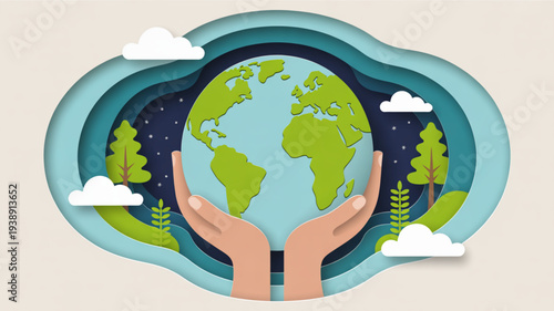 Hands cradling earth globe with lush green trees and clouds symbolizing environmental protection and conservation