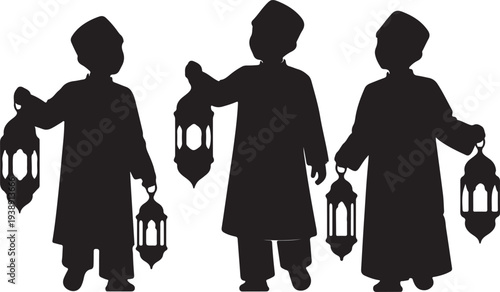 Regional Eid traditions Vector icon set featuring Muslim families, mosque, crescent, ketupat, and charity in black and white line art style for Ramadan greetings.