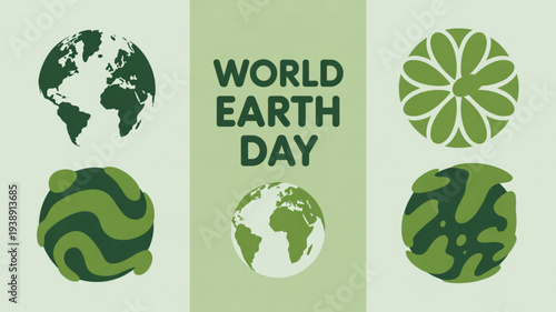 World earth day eco friendly graphics with globe and leaf designs on green background