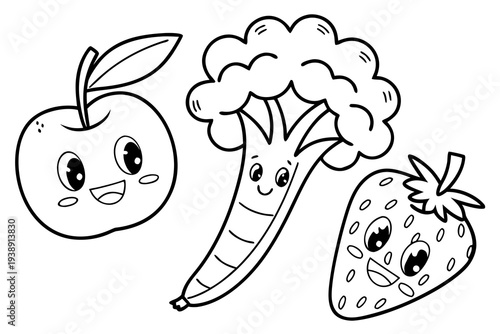 Healthy Food Coloring Page for Kids - Fruits, Vegetables with Happy Faces Line Art