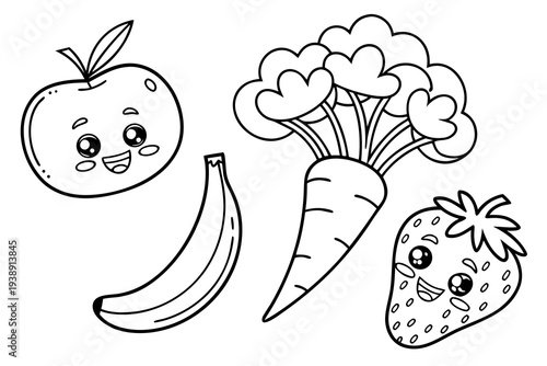 Healthy Food Coloring Page for Kids - Fruits, Vegetables with Happy Faces Line Art