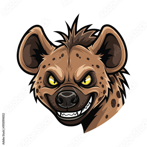 Cartoon illustration of a spotted hyena's head with a menacing expression on a white background
