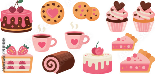 Sweet Valentine's Day Treats Collection with Cakes, Cupcakes, Cookies, and Hot Drinks in Cute Vector Style