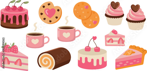 Valentine’s Day Dessert and Coffee Set Featuring Cakes, Cupcakes, Cookies, and Hot Drinks in Cute Vector Illustration Style