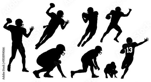 American Football Players in Various Poses Silhouette.