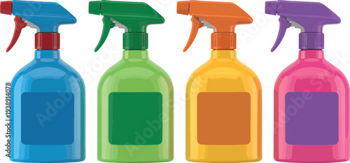 Colorful Set of Household Cleaning Bottles with Spray and Detergent Containers in Flat Vector Style for Home Care Illustrations