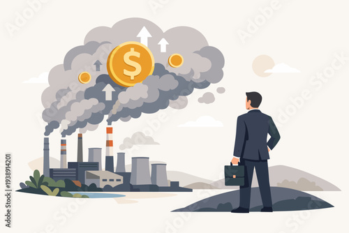 Businessman watching factory smoke with dollar signs, illustrating carbon tax, CO2 emission costs, pollution charges, global warming, climate change, and environmental economic sustainability.