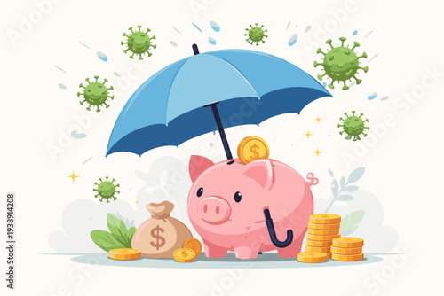 Piggy Bank Holding Blue Umbrella Protecting Savings and Money Bag from Coronavirus Particles, Financial Insurance and Investment Safety Concept During COVID-19 Pandemic Crisis Vector Illustration