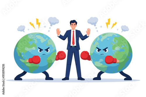 Businessman Mediator Resolving Global Conflict Between Two Angry Earth Globes with Boxing Gloves, Concept of International Diplomacy, Leadership Skills, Negotiation, and Peacekeeping Efforts