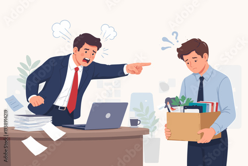 Furious Boss Shouting and Pointing at Sad Employee Holding a Cardboard Box of Belongings After Being Fired. Workplace Conflict, Job Loss, Dismissal, and Stressful Office Environment Illustration.
