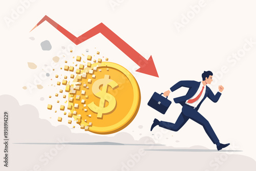 Vector Illustration of a Businessman Running from a Shattering Dollar Coin and Red Downward Arrow, Symbolizing Economic Recession, Inflation, Depreciation, and Financial Investment Loss.