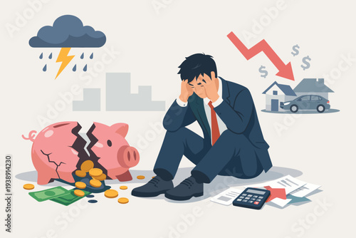 Depressed Businessman Sitting on Floor with Broken Piggy Bank and Bills, Representing Financial Crisis, Debt, Bankruptcy, Poverty, Economic Downturn, and Loss of Assets like House and Car.