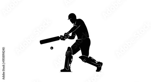Cricket Player Silhouette Hitting Ball with Bat.