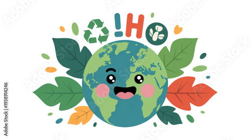 Happy cartoon earth with leaves and eco friendly symbols conveying environmental awareness and sustainability
