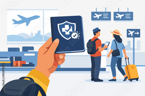 Hand Holding Immunity Passport and COVID-19 Vaccine Certificate for International Travel at Airport Terminal, Health Document for Coronavirus Safety, Passengers with Luggage and Airplane
