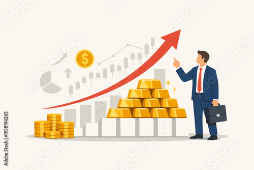 Businessman analyzing rising gold price chart with gold bars and coins, representing successful investment, financial growth, wealth management, and profitable trading in the global market.