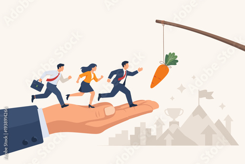 Business people running on a giant hand towards a dangling carrot as an incentive reward for motivation, hard work, and corporate success to reach company goals and career achievement concept.