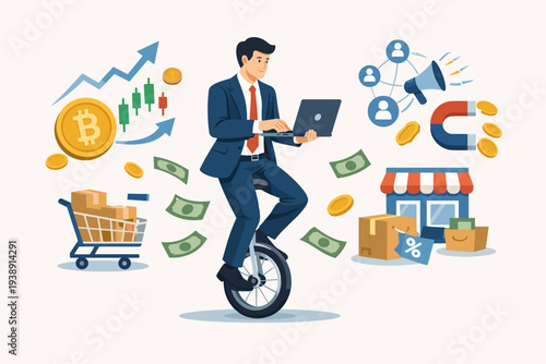 Businessman riding a unicycle while working on a laptop, surrounded by icons for cryptocurrency trading, e-commerce, digital marketing, affiliate sales, and online investment for financial success.