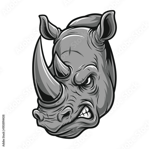Illustration of a gray rhino head with a menacing expression on a white background