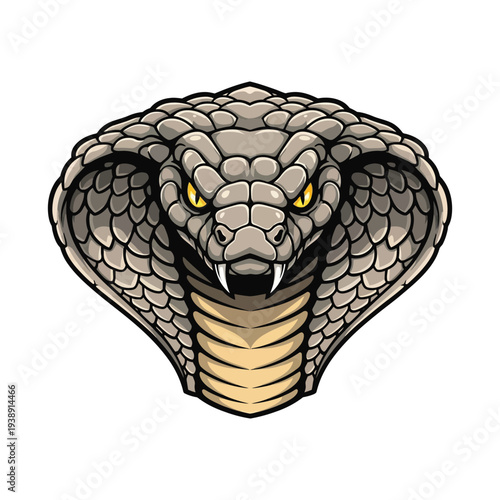 Illustration of a gray cobra snake with yellow eyes and fangs on a white background