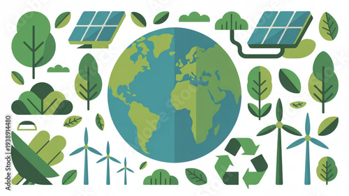 Earth surrounded by eco friendly symbols like solar panels wind turbines recycling icons and lush green leaves on a white background representing sustainable energy
