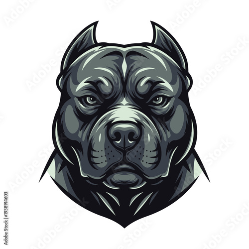 Close-up illustration of a pit bull's head in dark gray tones with a white background.