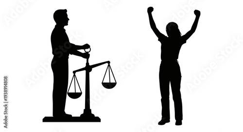 Balancing justice and empowerment depicted through contrasting figures Vector, illustration