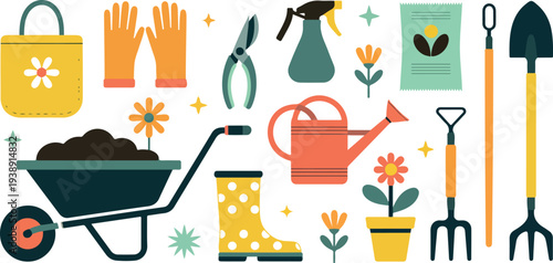 Colorful Gardening Tools and Spring Plants Illustration Set Featuring Wheelbarrow, Watering Can, Gloves, Boots, Pots, and Flowers in Flat Vector Style