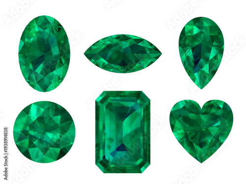 Emerald Gem Cuts Icon Set, Six emerald gemstones in oval, round, marquise, pear, heart, and emerald cuts high‑res, isolated, perfect for luxury design.