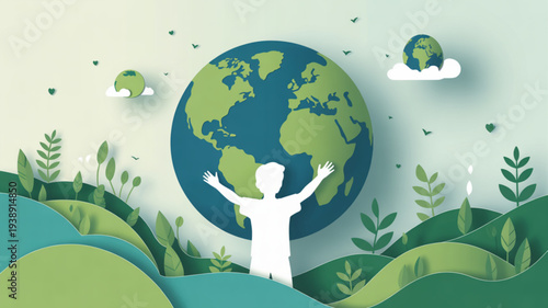 Person embracing a large green earth surrounded by nature symbolizing environmental conservation and sustainability