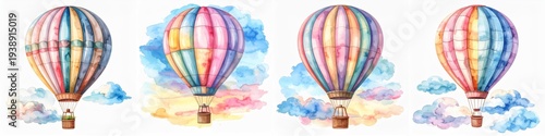 Colorful hot air balloons floating among soft stylized clouds in bright sky, playful travel adventure illustration isolated on clean white background