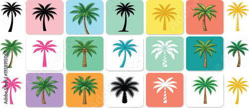 Collection of colorful palm tree illustrations in various styles and vibrant hues displayed in a grid pattern