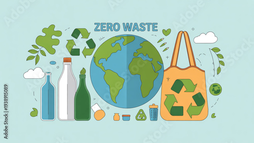 Zero waste concept with eco friendly products and globe on light blue background