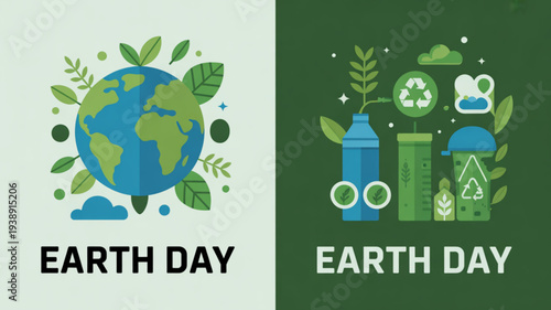 Earth day illustrations with eco friendly symbols and globe on green background