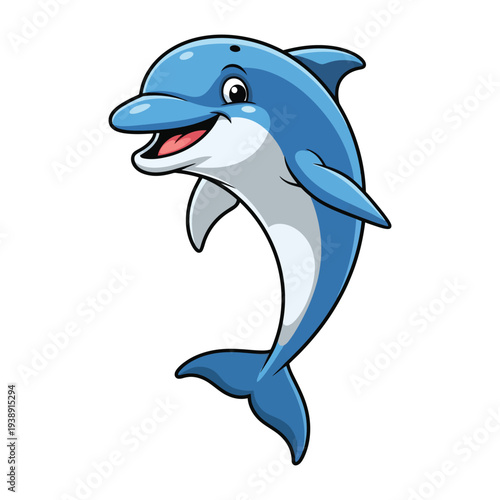 Cartoon dolphin jumping with a joyful expression on a white background