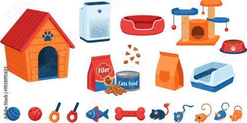 Pet Care Elements Collection Vector Illustration Featuring Dog House, Cat Food, Litter Box, Pet Bed, Toys and Accessories for Animal Care Design