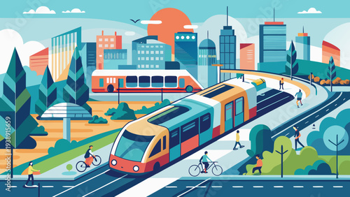 Urban Public Transportation System Vector with Metro Bus Tram and Bicycle
