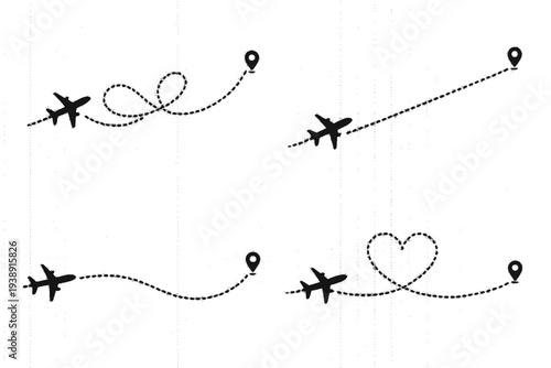Airplane route with dotted flight path. Flying plane symbol with twisted, curved, straight and heart shape dashed trace path.