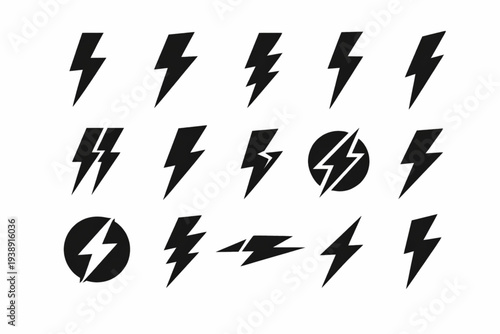 Lightning bolt icon set. Thunderbolt symbol. Electric power energy logo. Flash light sign. Vector illustration.