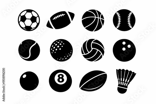 Sports balls minimal flat icon set, monochrome vector collection of soccer, football, tennis, golf, bowling, basketball, hockey, volleyball, rugby and baseball on transparent background