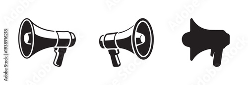 Three different style vector icons of megaphone or bullhorn for modern digital design and sound promotion