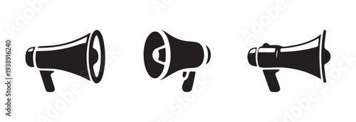 Group of three vector icons depicting megaphone in different angles for sound amplification and alert notification design