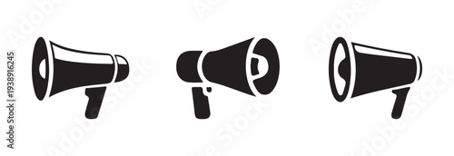 Set of three solid black icons representing megaphone or bullhorn for advertising and urgent message conveyance