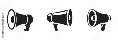 Set of three black silhouette icons representing different styles of bullhorns or loudspeakers for announcement and sound amplification