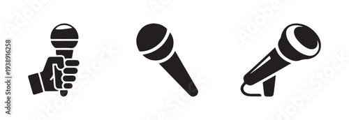 Three distinct black vector icons illustrating various styles of handheld microphones often used for singing speaking or vocal recording purposes